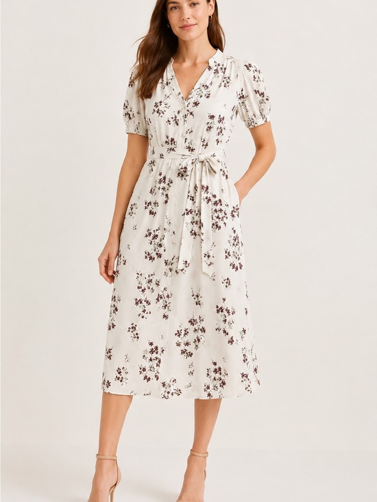 Ann Taylor Dresses & Skirts - Floral Tie-Waist Midi Dress in Cream and Purple